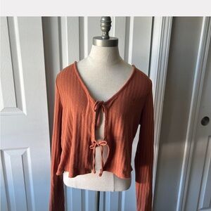 SO Rust Tie-Front Ribbed Long Sleeve Top